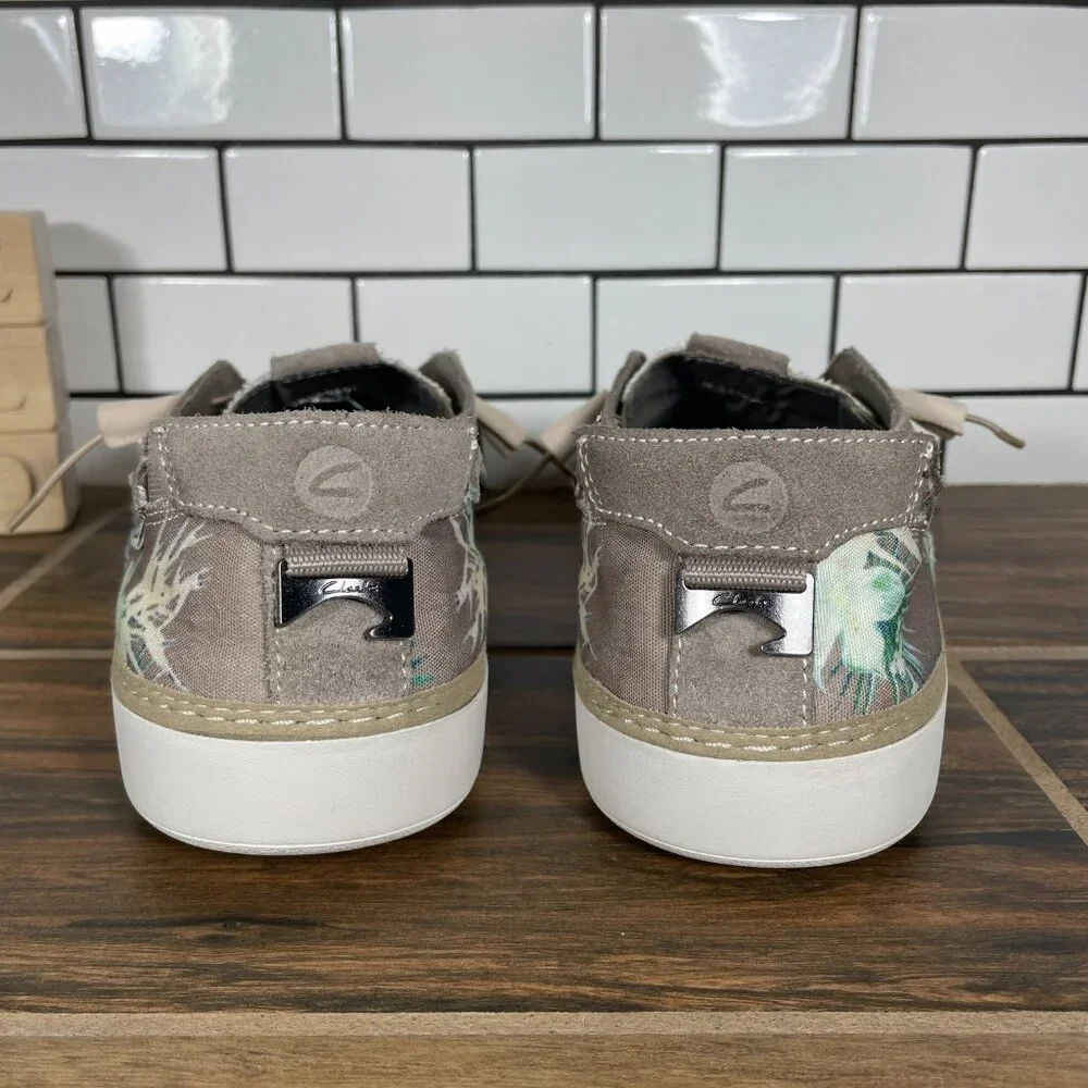 Clarks Higley Tie Mens Size 10 Boat Shoes Sand Floral Canvas Suede Bottle Opener
